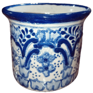 Maceta talavera auténtca tipo cubeta recta adornos azules