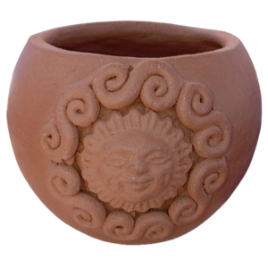 Maceta de barro redonda natural con sol