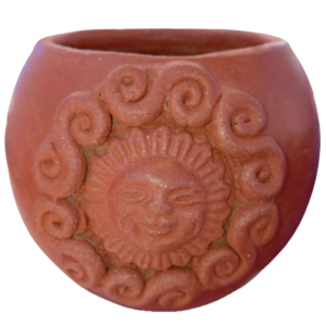 Maceta de barro redonda roja con sol